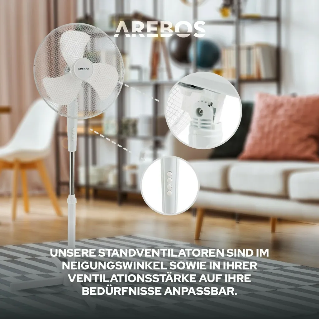 AREBOS Standventilator Turmventilator 45W, 80° Oszillation, 3 Geschwindigkeitsstufen, Leiser Betrieb, Weiß, Höhenverstellbar Bis 122 Cm, Bis 30° Neigbar 5 AREBOS Standventilator Turmventilator 45W, 80° Oszillation, 3 Geschwindigkeitsstufen, Leiser Betrieb, Weiß, Höhenverstellbar Bis 122 Cm, Bis 30° Neigbar – Bild 3