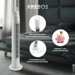 AREBOS Turmventilator Mit Timer, 40 Watt, 75°-Oszillation, Ventilator Mit 3 Geschwindigkeitsstufen, , Weiß 19 AREBOS Turmventilator Mit Timer, 40 Watt, 75°-Oszillation, Ventilator Mit 3 Geschwindigkeitsstufen, , Weiß -De'Longhi || Rowenta Verkaufsgeschäft 99b483770e13e1e58710e1378dc225c7