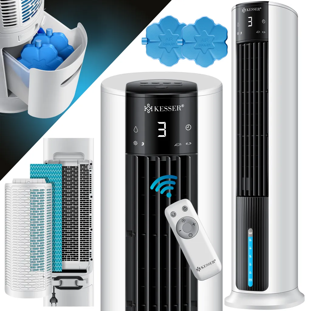 KESSER® 4in1 Mobile Klimaanlage Tower Klimagerät Ventilator/Luftkühler/Luftbefeuchter/Ionisator, Mit Fernbedienung , Timer , Wassertank, 60W, Klima , 2 Kühlakkus Turmventilator, Farbe:Weiß / Schwarz 4 KESSER® 4in1 Mobile Klimaanlage Tower Klimagerät Ventilator/Luftkühler/Luftbefeuchter/Ionisator, Mit Fernbedienung , Timer , Wassertank, 60W, Klima , 2 Kühlakkus Turmventilator, Farbe:Weiß / Schwarz – Bild 2