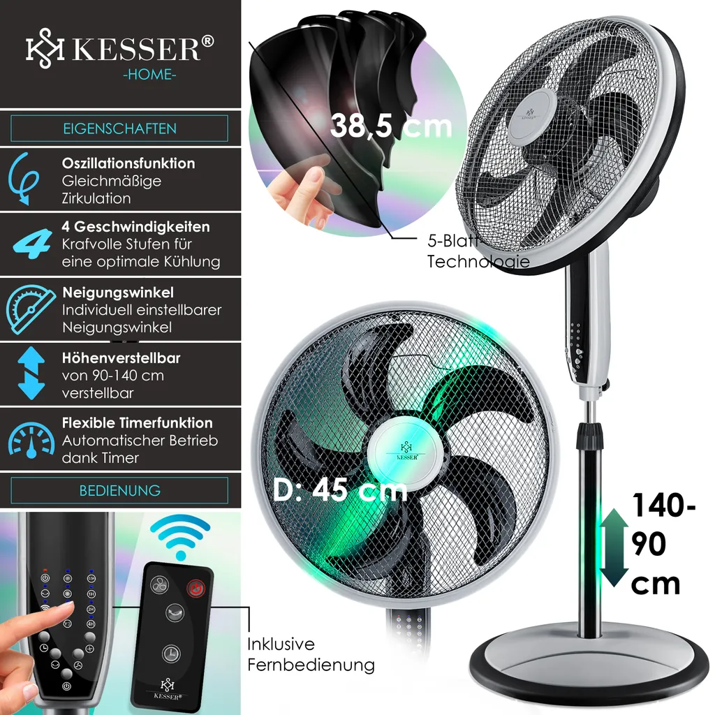 KESSER® 3in1 Standventilator Tischventilator Wandventilator Mit App Wifi , Fernbedienung | Timer | Leise Oszillation 80 Grad | Ventilator | 4 Geschwindigkeiten Inkl. Wandhalterung , Farbe:Schwarz 10 KESSER® 3in1 Standventilator Tischventilator Wandventilator Mit App Wifi , Fernbedienung | Timer | Leise Oszillation 80 Grad | Ventilator | 4 Geschwindigkeiten Inkl. Wandhalterung , Farbe:Schwarz – Bild 8