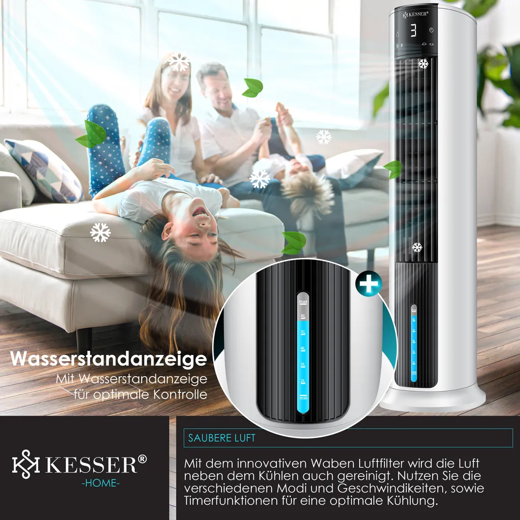 KESSER® 4in1 Mobile Klimaanlage Tower Klimagerät Ventilator/Luftkühler/Luftbefeuchter/Ionisator, Mit Fernbedienung , Timer , Wassertank, 60W, Klima , 2 Kühlakkus Turmventilator, Farbe:Weiß / Schwarz 6 KESSER® 4in1 Mobile Klimaanlage Tower Klimagerät Ventilator/Luftkühler/Luftbefeuchter/Ionisator, Mit Fernbedienung , Timer , Wassertank, 60W, Klima , 2 Kühlakkus Turmventilator, Farbe:Weiß / Schwarz – Bild 4