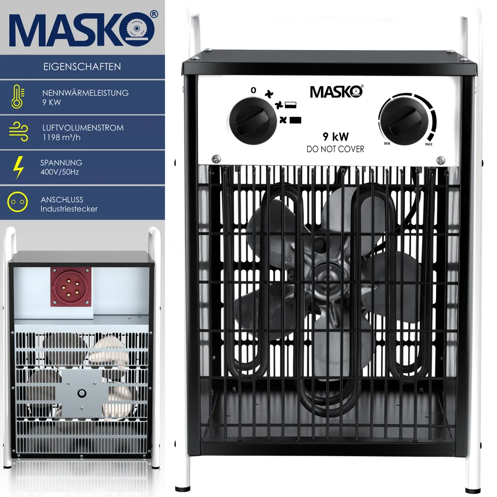 MASKO® Elektroheizer Heizlüfter Bauheizer Mit Integriertem Thermostat Elektrisch Heizgerät Mit 3 Heizstufen Heizgebläse Für Innen- Und Außeneinsatz Überlastschutz Elektroheizgebläse , Farbe:Weiß, Größe:9 KW 5 MASKO® Elektroheizer Heizlüfter Bauheizer Mit Integriertem Thermostat Elektrisch Heizgerät Mit 3 Heizstufen Heizgebläse Für Innen- Und Außeneinsatz Überlastschutz Elektroheizgebläse , Farbe:Weiß, Größe:9 KW – Bild 3