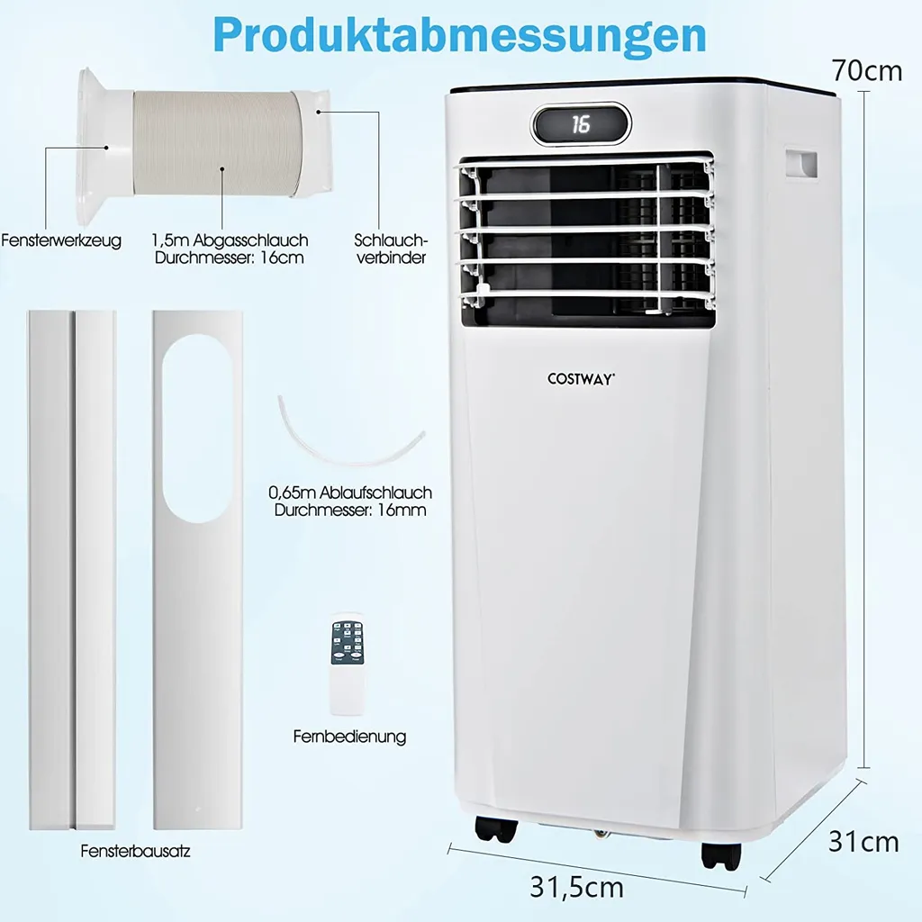 COSTWAY 4in1 Mobile Klimaanlage 9000BTU/2,6 KW Für 30㎡ Klimagerät 54dB Entfeuchter Tragbar 2 Geschwindigkeiten Inkl. 24H Timer, Fernbedienung, Schlafmodus, Abluftschlauch 16℃-32℃ Weiß 8 COSTWAY 4in1 Mobile Klimaanlage 9000BTU/2,6 KW Für 30㎡ Klimagerät 54dB Entfeuchter Tragbar 2 Geschwindigkeiten Inkl. 24H Timer, Fernbedienung, Schlafmodus, Abluftschlauch 16℃-32℃ Weiß – Bild 6