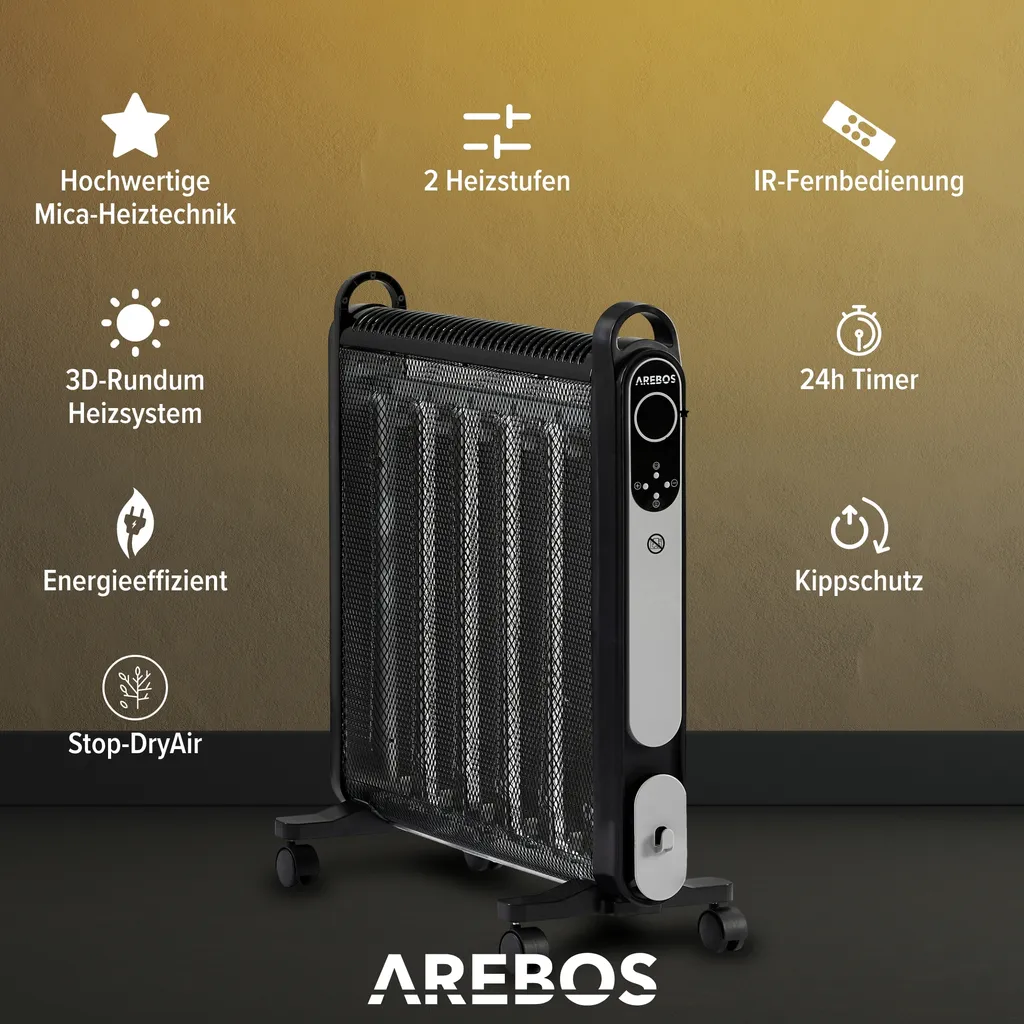 AREBOS Mica Konvektor 2000 W | Wärmewellenheizer | Elektroheizung | Konvektor-Heizung | Mobile Elektroheizung Energiesparend | Leise Heizung | Mobiler Elektro Heizlüfter Mit 2 Heizstufen | Schwarz 5 AREBOS Mica Konvektor 2000 W | Wärmewellenheizer | Elektroheizung | Konvektor-Heizung | Mobile Elektroheizung Energiesparend | Leise Heizung | Mobiler Elektro Heizlüfter Mit 2 Heizstufen | Schwarz – Bild 3