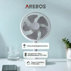 AREBOS USB-Tischventilator Mit Timer, Wiederaufladbarer 2500 MAh – Akku, 45° Neigbar, Ventilator Mit 3 Geschwindigkeitsstufen, Inkl. USB-Kabel -De'Longhi || Rowenta Verkaufsgeschäft cacc54adde8034d410fa3182b935aa43