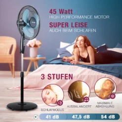 RelaxxNow Super Leiser Standventilator Mit 45W Motoren Leistung, Oszillierender Ventilator Mit 3 Geschwindigkeitsstufen Und Höhenverstellbarkeit Bis 131cm, 41 DB Schlafmodus & 41cm Durchmesser, VTX100 -De'Longhi || Rowenta Verkaufsgeschäft caeeb5daee42114439843dcd9fdda38f