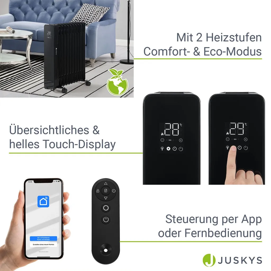 Juskys Elektroheizung Ölradiator 2500W - Wi-Fi Steuerung, Fernbedienung & Touch-Display - Energiesparender Radiator, 2 Heizstufen, 24h Timer - Schwarz 6 Juskys Elektroheizung Ölradiator 2500W - Wi-Fi Steuerung, Fernbedienung & Touch-Display - Energiesparender Radiator, 2 Heizstufen, 24h Timer - Schwarz – Bild 4