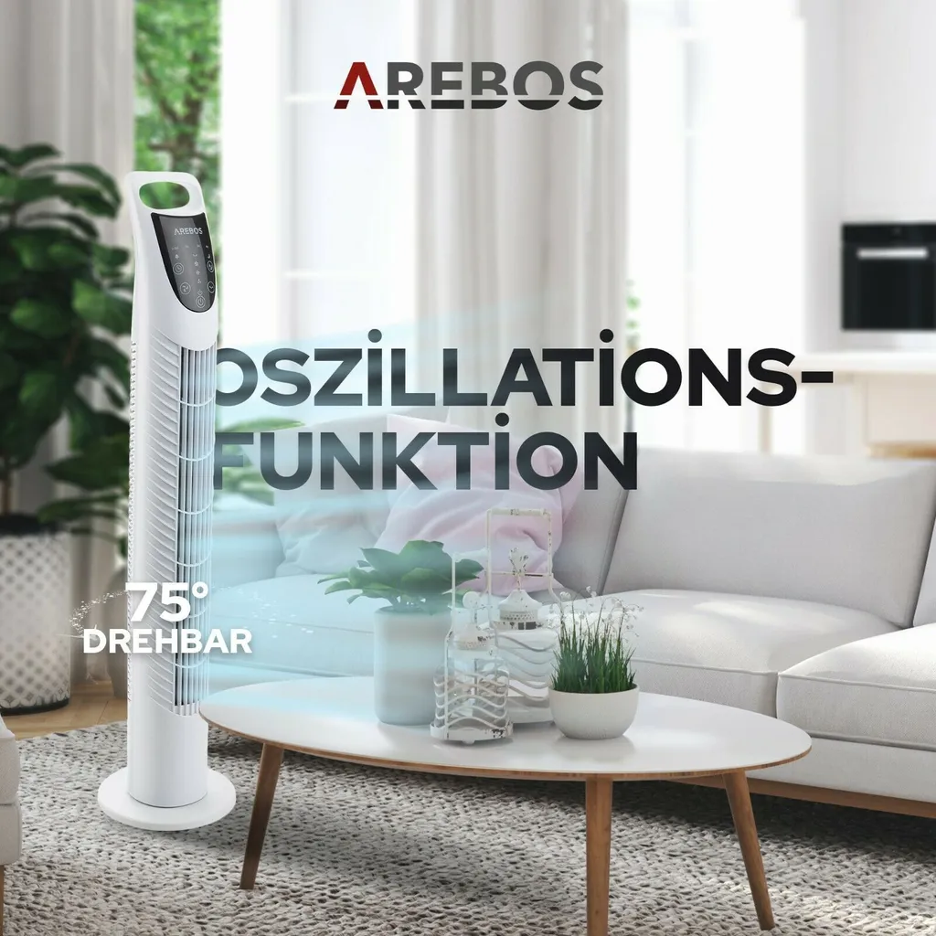 AREBOS Turmventilator Mit Fernbedienung & Timer, 40 Watt, Mit 3 Geschwindigkeitsstufen & Sleep-Modus, Weiß 6 AREBOS Turmventilator Mit Fernbedienung & Timer, 40 Watt, Mit 3 Geschwindigkeitsstufen & Sleep-Modus, Weiß – Bild 4