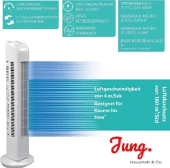 JUNG TVE21 Ventilator 76cm Weiss - Leise Turm-lüfter Lautstärke Max 48dbA, Turmventilator ENERGIESPAREND 0,05 KW/h,3 Stufen,75° Oszillierend Drehend [Energieklasse A+] -De'Longhi || Rowenta Verkaufsgeschäft da06264cfd49ffad59542416dd0d3ae5