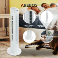 AREBOS Turmventilator, 50 Watt, 60°-Oszillation, 3 Geschwindigkeitsstufen, Ventilator Mit Tragegriff, Weiß, Leise -De'Longhi || Rowenta Verkaufsgeschäft e4fcc8fadc03a244242bcf5dce659909