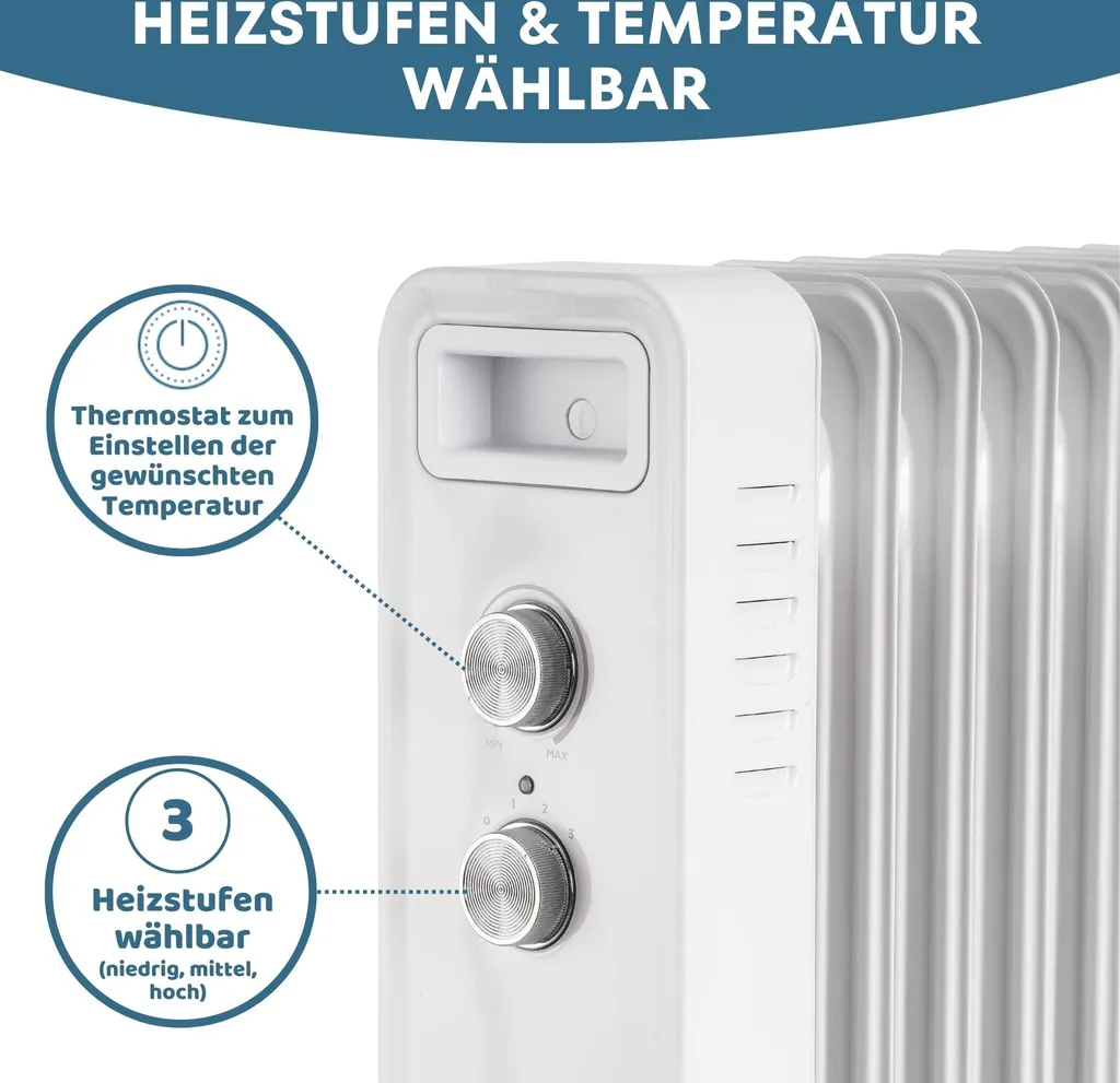 STAHLMANN Ölradiator ZR201 Weiss – Elektroheizung Energiesparend Bis 50 Qm Fläche – Heizung Elektrisch Mit Thermostat Und 3 Heizstufen – Elektrisches Heizgerät, Electric Heater, Watt:2000W 5 STAHLMANN Ölradiator ZR201 Weiss – Elektroheizung Energiesparend Bis 50 Qm Fläche – Heizung Elektrisch Mit Thermostat Und 3 Heizstufen – Elektrisches Heizgerät, Electric Heater, Watt:2000W – Bild 3