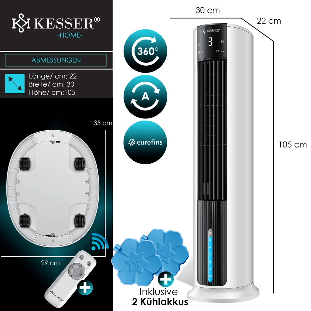 KESSER® 4in1 Mobile Klimaanlage Tower Klimagerät Ventilator/Luftkühler/Luftbefeuchter/Ionisator, Mit Fernbedienung , Timer , Wassertank, 60W, Klima , 2 Kühlakkus Turmventilator, Farbe:Weiß / Schwarz 10 KESSER® 4in1 Mobile Klimaanlage Tower Klimagerät Ventilator/Luftkühler/Luftbefeuchter/Ionisator, Mit Fernbedienung , Timer , Wassertank, 60W, Klima , 2 Kühlakkus Turmventilator, Farbe:Weiß / Schwarz – Bild 8
