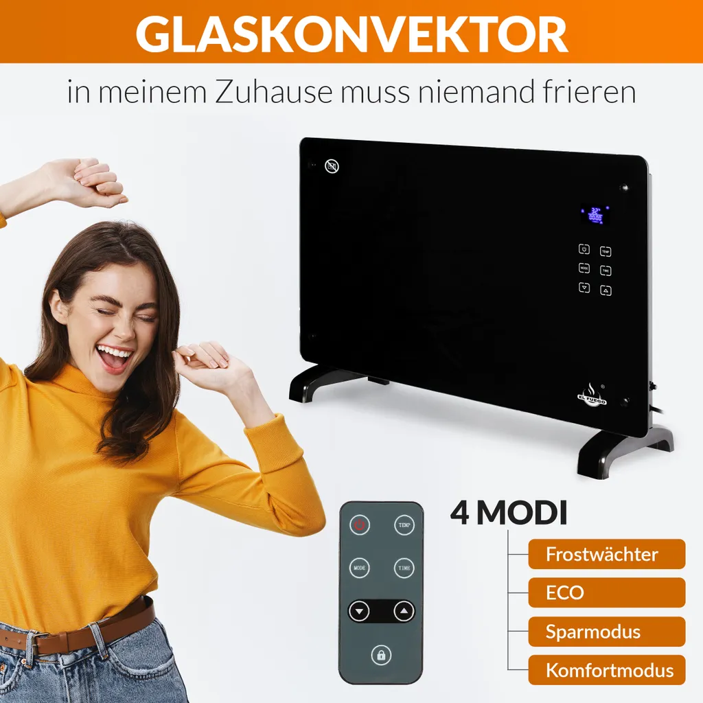 Glaskonvektor Elektroheizung Konvektor-Heizung 24h-Timer LCD-Display Touchscreen Fernbedienung - Mobile Energiesparende Leise Heizung Standgerät Heizkörper Thermostat (Schwarz 2000W) 8 Glaskonvektor Elektroheizung Konvektor-Heizung 24h-Timer LCD-Display Touchscreen Fernbedienung - Mobile Energiesparende Leise Heizung Standgerät Heizkörper Thermostat (Schwarz 2000W) – Bild 6