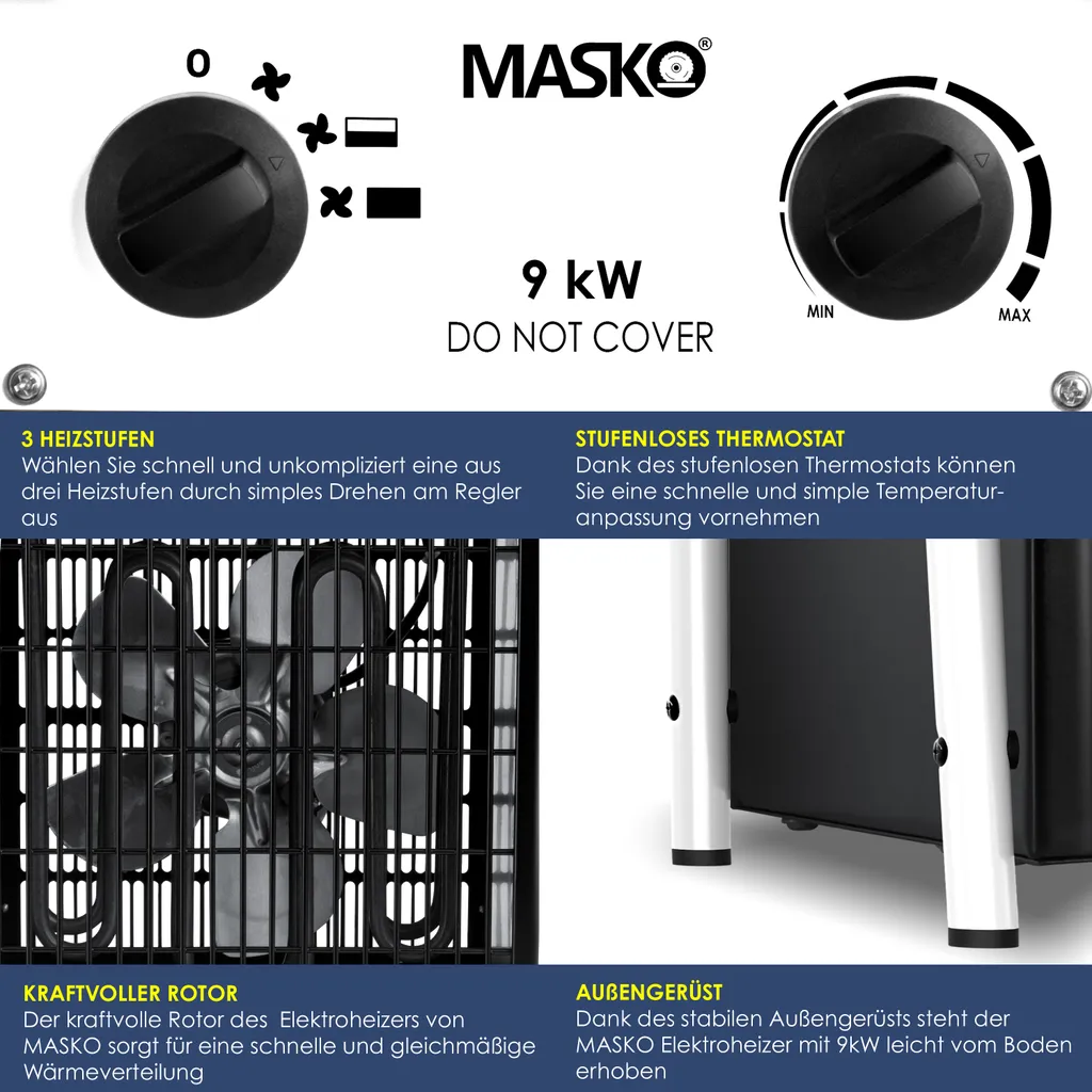 MASKO® Elektroheizer Heizlüfter Bauheizer Mit Integriertem Thermostat Elektrisch Heizgerät Mit 3 Heizstufen Heizgebläse Für Innen- Und Außeneinsatz Überlastschutz Elektroheizgebläse , Farbe:Weiß, Größe:9 KW 8 MASKO® Elektroheizer Heizlüfter Bauheizer Mit Integriertem Thermostat Elektrisch Heizgerät Mit 3 Heizstufen Heizgebläse Für Innen- Und Außeneinsatz Überlastschutz Elektroheizgebläse , Farbe:Weiß, Größe:9 KW – Bild 6
