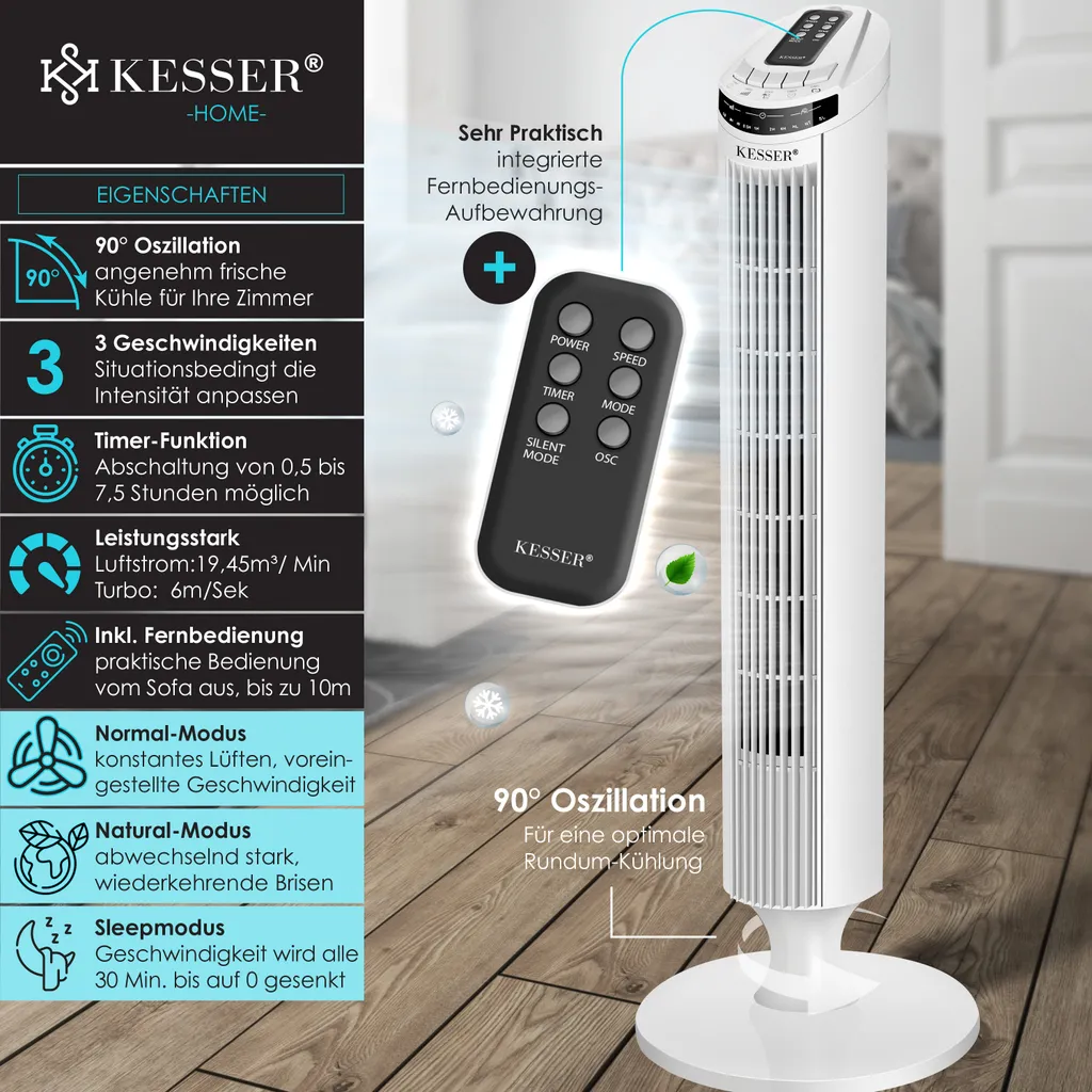 KESSER Turmventilator FERNBEDIENUNG Ventilator LED Display Standventilator Klimaanlage, Farbe:Weiß 5 KESSER Turmventilator FERNBEDIENUNG Ventilator LED Display Standventilator Klimaanlage, Farbe:Weiß – Bild 3