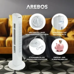 AREBOS Turmventilator, 50 Watt, 60°-Oszillation, 3 Geschwindigkeitsstufen, Ventilator Mit Tragegriff, Weiß, Leise -De'Longhi || Rowenta Verkaufsgeschäft f798fb1dc5c7772a3391cf4d8c2647be